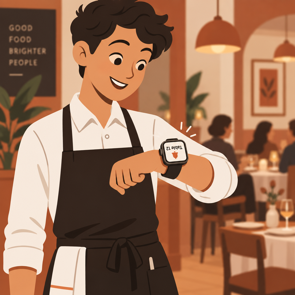 Ober bekijkt de melding op zijn smartwatch